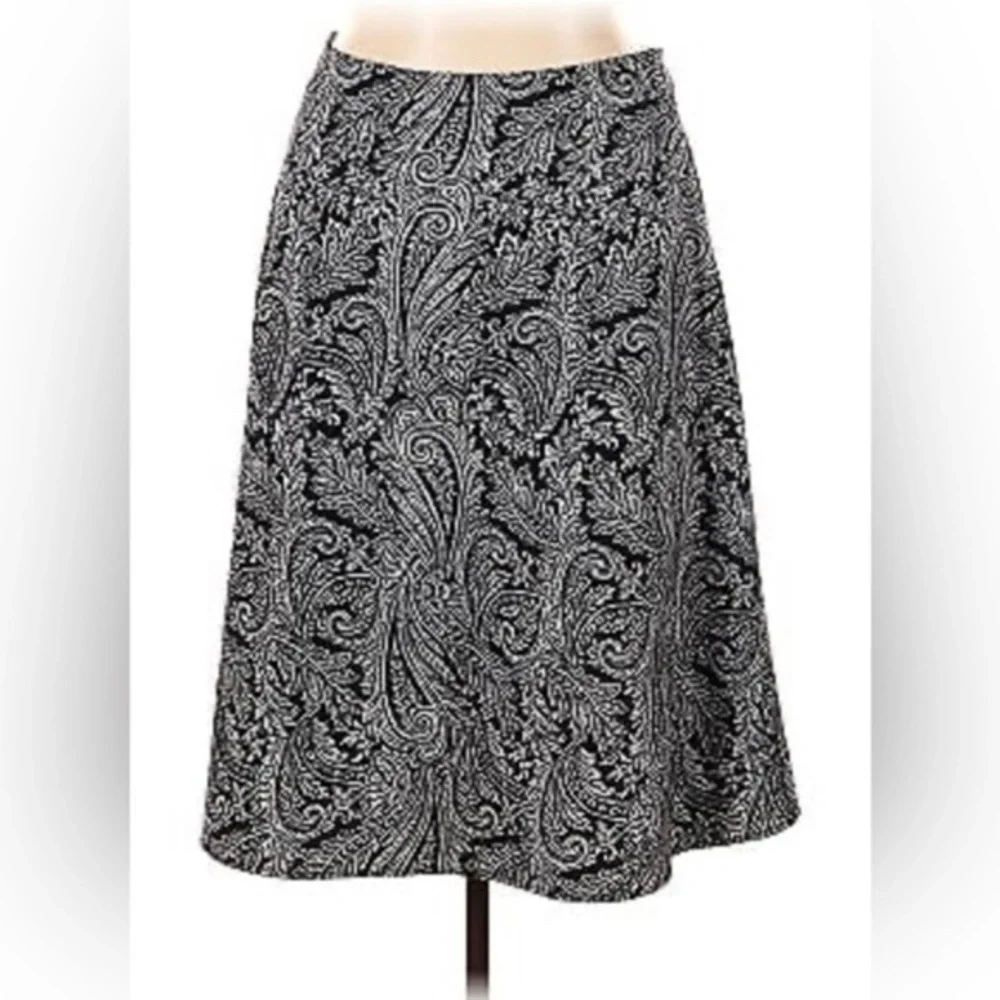 Women’s Paisley Print Black White Work High Waisted Midi Skirt Size 10